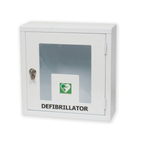 Wall-mounted defibrillator base with alarm